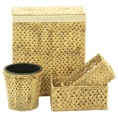 Natural woven bathroom set with a laundry basket, two storage baskets, and a trash bin.