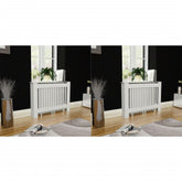 Two white MDF radiator covers, each 44.1 inches wide, shown installed in a room.