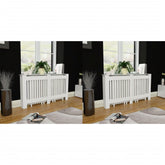Two white slatted MDF radiator covers, each 59.8 inches wide, in a pack of two.