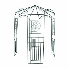 Dark green wrought iron garden arch with ornate design, 98.4 inches high and 63 inches wide.