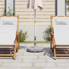 Bostome 17.7-inch polished granite and stainless steel parasol stand anchoring two chairs and an open umbrella on a patio.