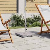 A 17.7-inch granite stainless steel parasol stand with a square base and wheels, weighing 63.9 lbs, on a patio near lounge chairs.