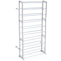 A white 10-tier shoe rack made of lightweight polypropylene, designed to hold up to 40 pairs of shoes.