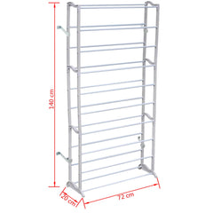 A 10-tier lightweight polypropylene shoe rack measuring 140 cm tall, 72 cm wide, and 20 cm deep.