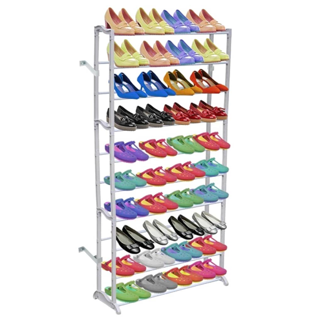 A white 10-tier shoe rack holding colorful pairs of women's shoes on each shelf.