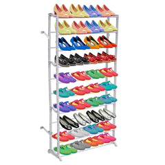 A white 10-tier shoe rack holding colorful pairs of women's shoes on each shelf.