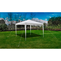 White steel frame garden gazebo with a pyramid roof, measuring 10'x10' for outdoor events.