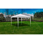 White steel frame garden gazebo with a pyramid roof, measuring 10'x10' for outdoor events.