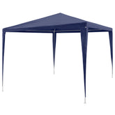 Blue outdoor party tent with a heavy duty steel frame and waterproof polyethylene roof.