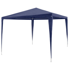 Blue outdoor party tent with a heavy duty steel frame and waterproof polyethylene roof.