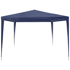 Blue outdoor party tent with a heavy-duty steel frame and waterproof polyethylene roof.