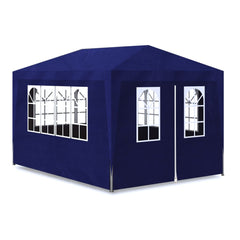 Blue 10'x13' party tent with peaked roof, windowed sidewalls, and steel frame.