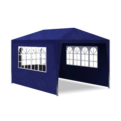 Blue 10'x13' party tent with steel frame, side windows, and water-resistant canopy