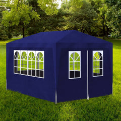 Blue 10'x13' party tent with steel frame, zippered door, and windowed side panels.