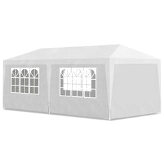 White 10x20 party tent with steel frame, decorative window panels, and zippered door.