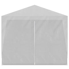 White 10'x20' party tent with UV water-resistant polyethylene panels and steel frame.