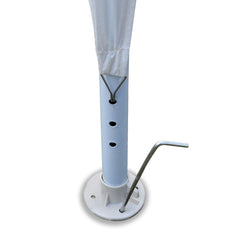 White party tent pole with crank handle and base on white background.