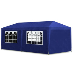 Blue outdoor party tent with a water-resistant roof and zippered doors for easy access.