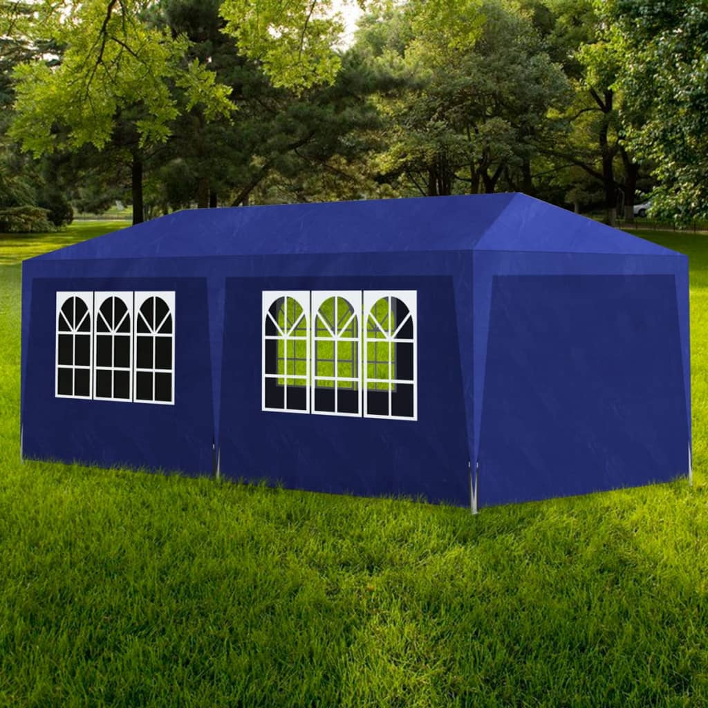Blue 10'x20' outdoor party tent with UV protection and water-resistant fabric.