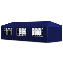 Blue 10'x30' party tent with steel frame, UV and water-resistant panels, and arched windows.