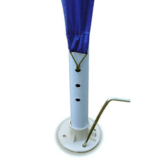 Close-up of blue party tent steel frame with white base and crank handle for adjustment