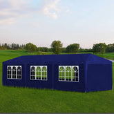 Blue 10'x30' party tent with steel frame, decorative windows, and water-resistant panels.