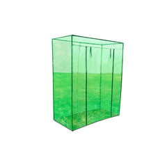 Green steel frame PVC greenhouse measuring 5.7x2.7x6.7 ft with transparent panels.
