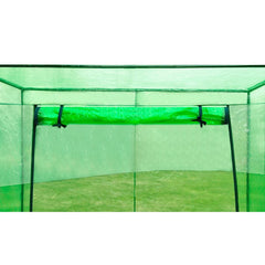 Green steel frame PVC greenhouse, 5.7x2.7x6.7 ft, with roll-up door.