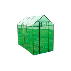 Greenhouse with green powder-coated steel frame and transparent PVC cover, 7'10" long.