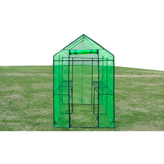 Green powder-coated steel frame greenhouse, 7'10"L, with transparent PVC cover on grass.