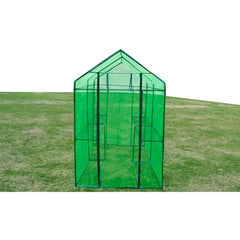 Green powder-coated steel frame greenhouse, 7'10" long, with transparent PVC cover on grass.