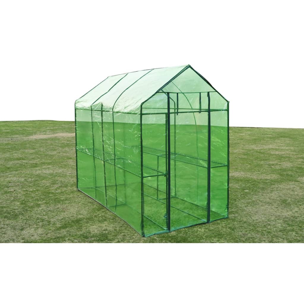 Green powder-coated steel frame greenhouse, 7'10"L, with transparent PVC cover on grass.