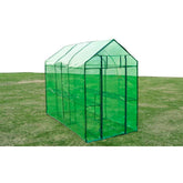 Green powder-coated steel frame greenhouse, 7'10"L, with transparent PVC cover on grass.
