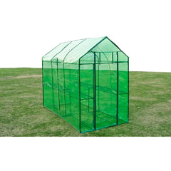 Green powder-coated steel frame greenhouse, 7'10"L, with transparent PVC cover on grass.