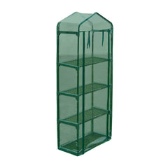 Green 4-shelf greenhouse with UV-resistant PVC cover and steel frame.