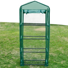 Green 4-shelf greenhouse with UV-resistant PVC cover on grass.