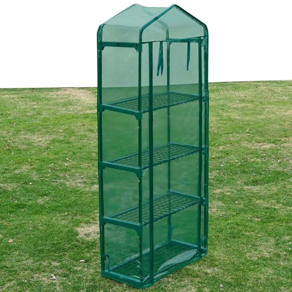 Greenhouse with four shelves and a UV resistant PVC cover on a powder-coated steel frame.