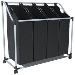 Black steel frame laundry sorter with four removable bags and smooth-rolling casters.