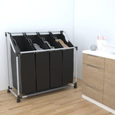 Bostome 4-bag laundry sorter with black steel frame and removable bags for easy transport.