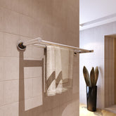 Stainless steel 2-tube towel rack, 23.6 inches wide, mounted on bathroom wall with towels hanging.