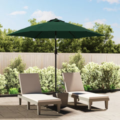 A green 9.8-foot garden parasol with UV-protective polyester canopy and steel pole stands on a patio near lounge chairs.
