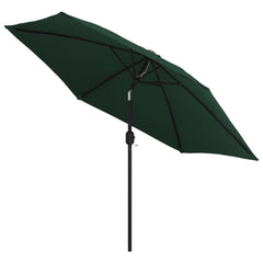 Green 9.8-foot garden parasol with UV-protective polyester canopy and steel pole.