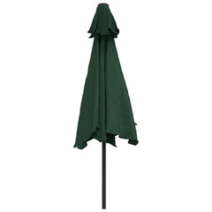 Green garden parasol with polyester canopy and steel pole, 9.8 feet tall, closed position.