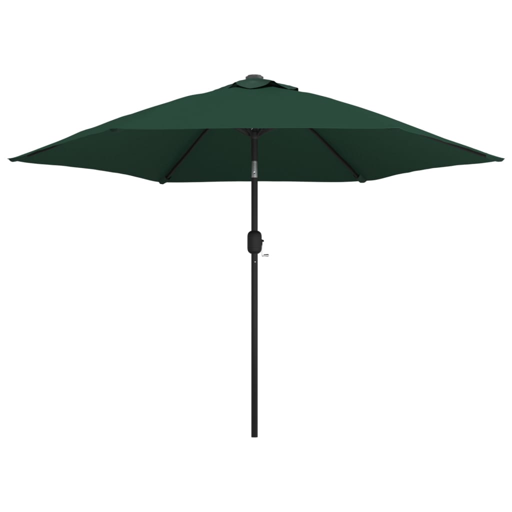 Green garden parasol with 9.8-foot UV-protective polyester canopy and steel pole.