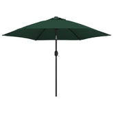 Green garden parasol with 9.8-foot UV-protective polyester canopy and steel pole.