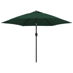 Green garden parasol with 9.8-foot UV-protective polyester canopy and steel pole.