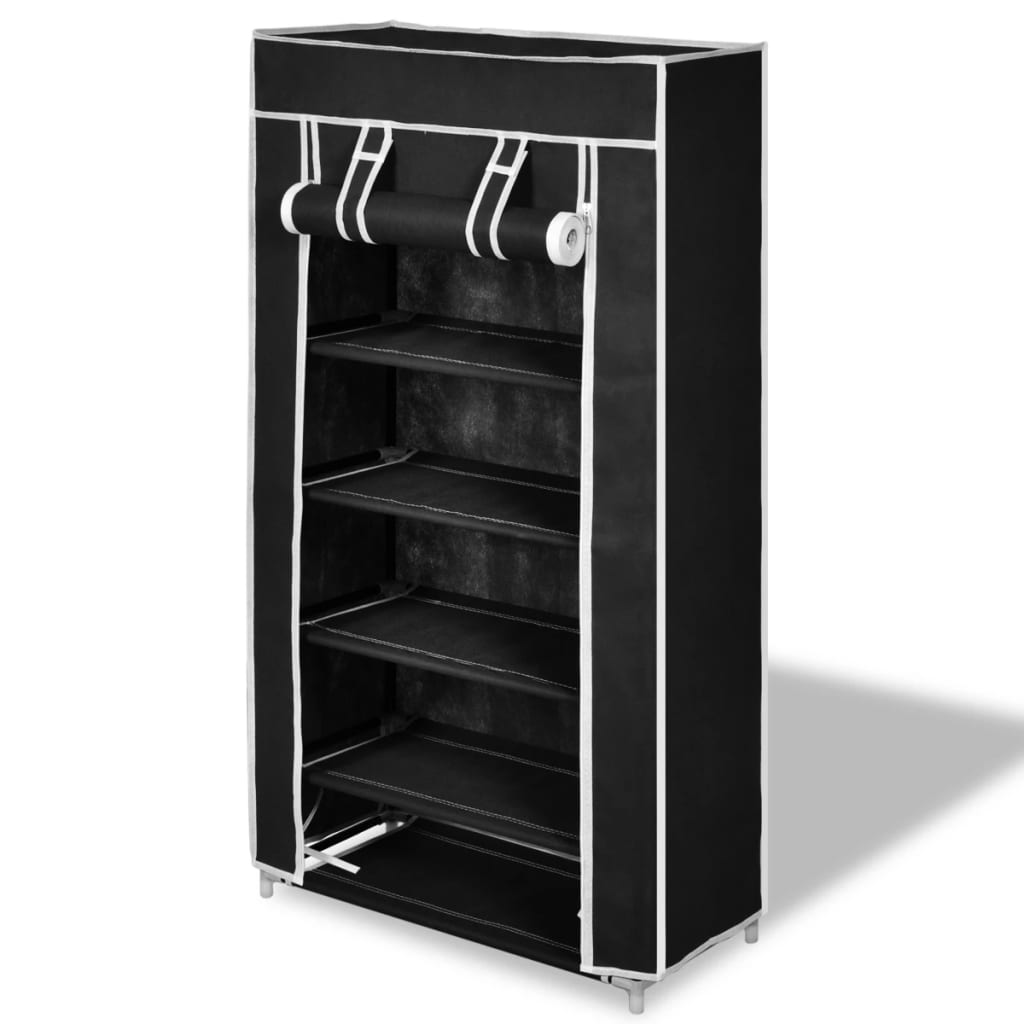 Black 5-tier fabric shoe cabinet with a zippered cover, measuring 23" x 11" x 42".