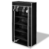 Black 5-tier fabric shoe cabinet with a zippered cover, measuring 23" x 11" x 42".