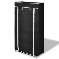 Black 5-tier fabric shoe cabinet with zippered cover, measuring 23" x 11" x 42".