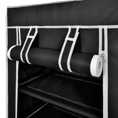 Black 5-tier fabric shoe cabinet with zippered cover, measuring 23" x 11" x 42".
